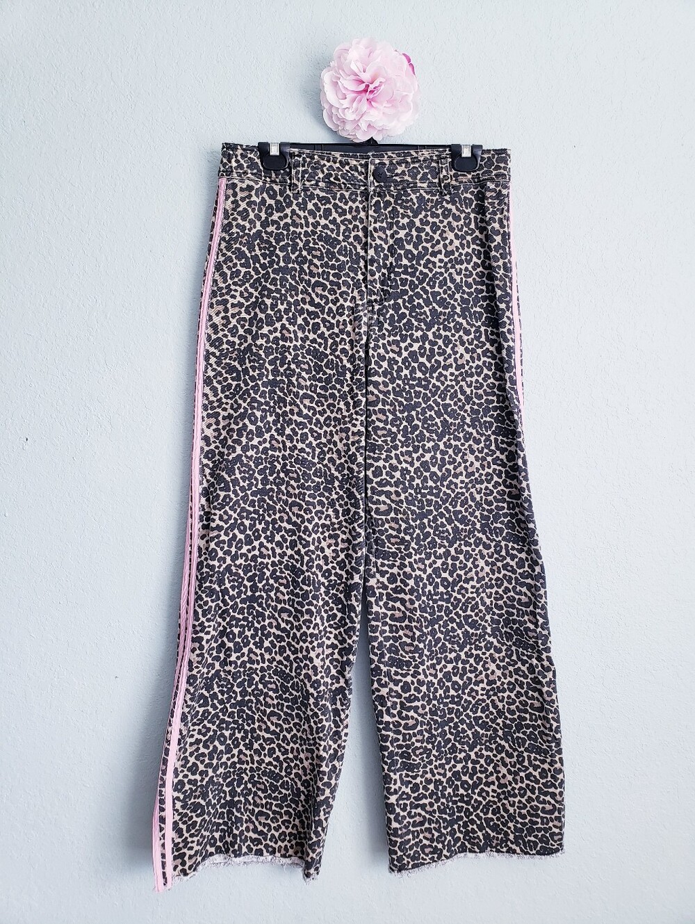 Bibi Leopard Print Wide Leg Jeans With Pink Double Side Stripes